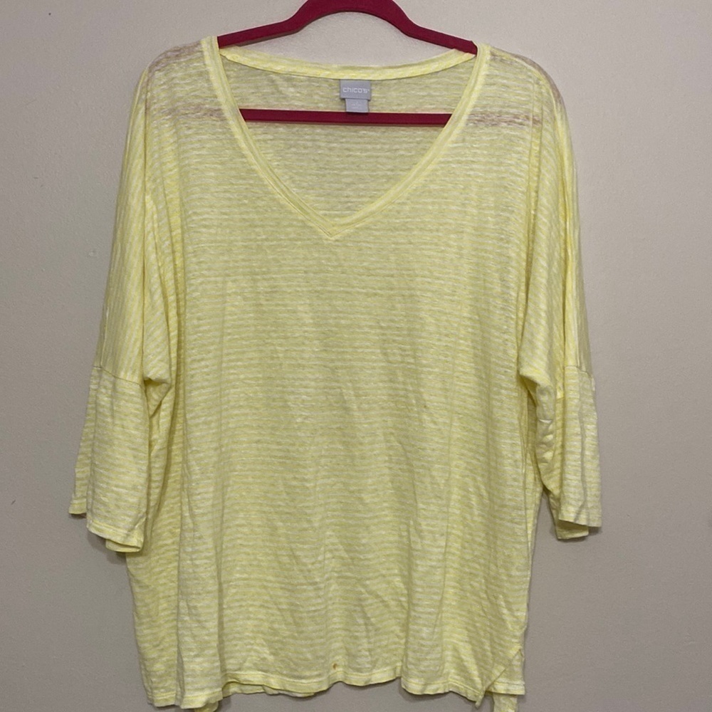 Chico’s women blouse 100% linen  2 stripped yellow beach casual vacation